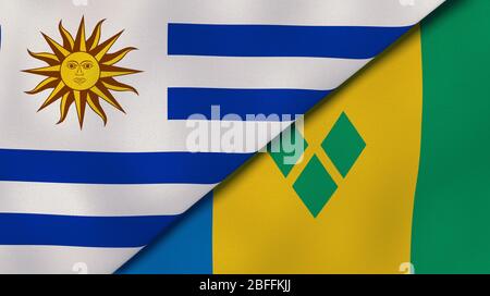 Deux drapeaux d'Uruguay et de Saint-Vincent-et-les Grenadines. Expérience professionnelle de haute qualité. illustration tridimensionnelle Banque D'Images