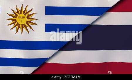 Deux drapeaux d'Uruguay et de Thaïlande. Expérience professionnelle de haute qualité. illustration tridimensionnelle Banque D'Images