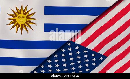 Deux drapeaux d'Uruguay et des États-Unis. Expérience professionnelle de haute qualité. illustration tridimensionnelle Banque D'Images