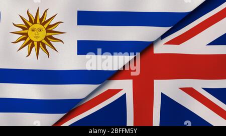 Deux drapeaux d'Uruguay et du Royaume-Uni. Expérience professionnelle de haute qualité. illustration tridimensionnelle Banque D'Images