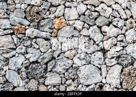 Mur en pierre texturé, construit avec des morceaux d'éponge marine native. Près de la plage de Sanur, Bali, Indonésie. Banque D'Images