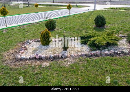 Petits arbres plantés dans le jardin de l'arrière-cour dans un endroit séparé en forme de rectangle rempli de petits cailloux blancs. Banque D'Images