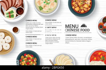 Restaurant chinois de menu sur un fond blanc de table en bois modèle. À utiliser pour poster, imprimer, brochure, brochure. Illustration de Vecteur
