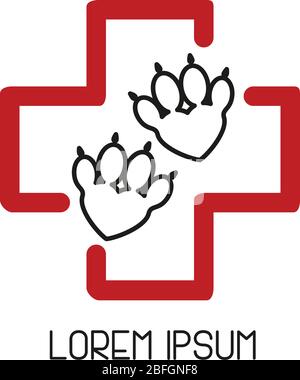 Premiers soins pour animaux de compagnie. Croix rouge et patte comme coeur. Logotype de clinique vétérinaire. Style art à ligne plate Illustration de Vecteur