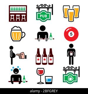 Pub, alcool, bière belly vector icônes ensemble - divertissement de week-end, lieu de réunion pour boire de la bière avec des amis Illustration de Vecteur