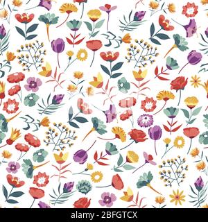 Fleurs sauvages, roses et Marguerite dans un motif fleuri sans couture Illustration de Vecteur