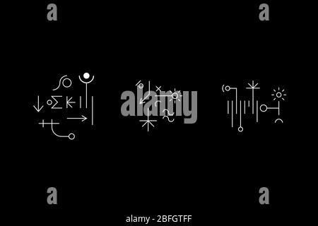 Jeu de symboles de géométrie ancienne avec cercles, lignes, croix et figures. Dessins de la grotte. Signes OVNIS. Symboles de conception pour les jeux logiques, métroidvania et indie. Illustration du stock vectoriel. Illustration de Vecteur