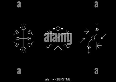 Jeu de symboles de géométrie occulte avec cercles, lignes, croix et figures. Signes secrets anciens. Dessins de la grotte. Signes OVNIS. Symboles de conception pour les jeux logiques, métroidvania et indie. Illustration du stock vectoriel. Illustration de Vecteur