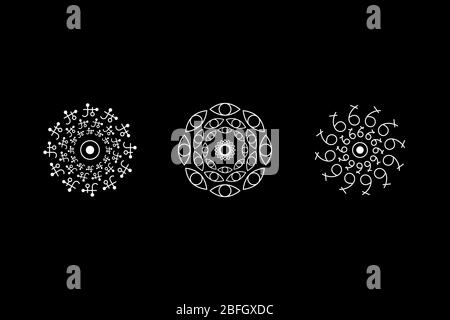 Jeu de symboles blancs à géométrie circulaire magique. Symboles magiques, yeux, signes. Signes OVNIS. Symboles de conception pour les jeux de puzzle, de logique, de métroidvania. Illustration du stock vectoriel. Illustration de Vecteur