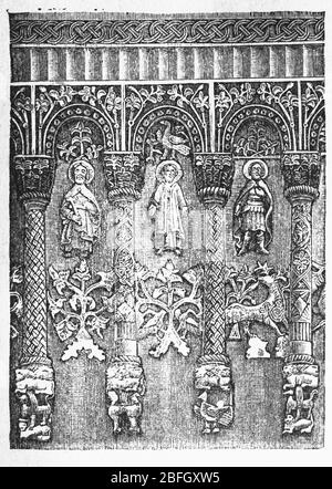 Bas reliefs de la cathédrale Saint-Demetrius, Vladimir, illustration du livre daté de 1916 Banque D'Images