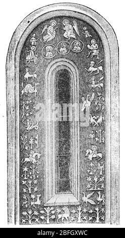 Bas reliefs de la cathédrale Saint-Demetrius, Vladimir, illustration du livre daté de 1916 Banque D'Images