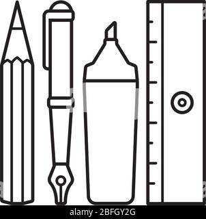 Icônes crayon, plume, surligneur et règle de ligne vectorielle. Symbole du contour des instruments d'écriture. Illustration de Vecteur