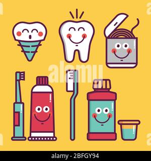 Hygiène dentaire pour enfant - icônes brosses, dents, dentifrice, lotion, fil, eau, implant de dentition Illustration de Vecteur