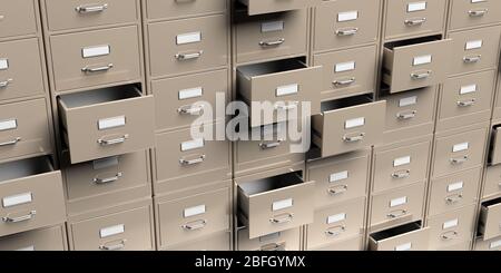 Armoires de classement de bureau avec arrière-plan de tiroir ouvert. Concept de stockage et d'administration des archives de données de documents. illustration tridimensionnelle Banque D'Images