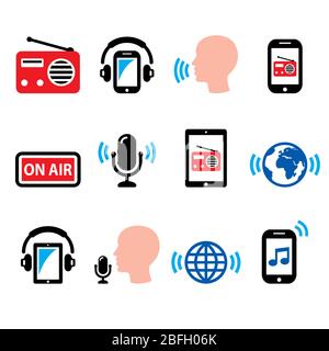 Radio, application de podcast en ligne sur l'icône de vecteur de smartphone et de tablette Illustration de Vecteur