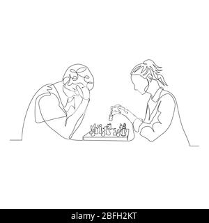 Un homme et une femme de ligne continue jouent aux échecs. L'homme pense que la femme fait un mouvement. Illustration vectorielle. Illustration de Vecteur