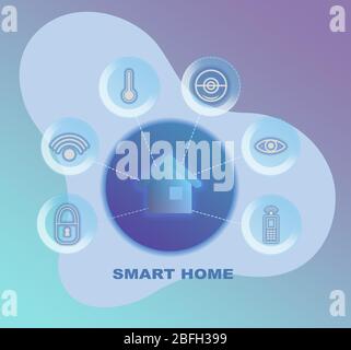 Illustration avec maison et icônes des fonctions de commande intelligente de maison, arrière-plan couleur Banque D'Images