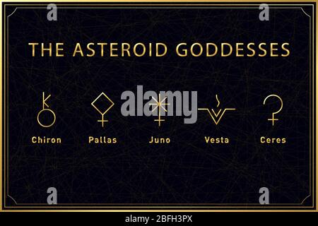Ensemble de symboles dorés alchimiques des déesses astéroïdes sur fond sombre. Géométrie sacrée. Illustration du stock vectoriel. Illustration de Vecteur