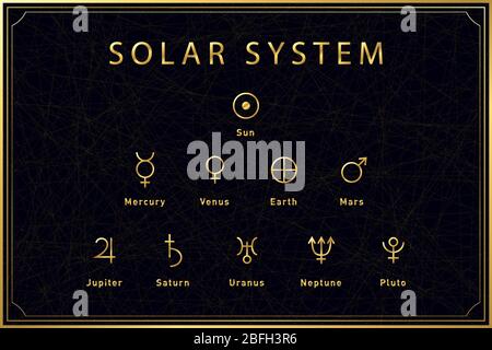 Symboles dorés alchimiques de corps de système solaire sur fond sombre. Géométrie sacrée. Illustration du stock vectoriel. Illustration de Vecteur