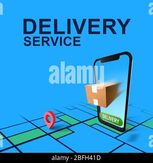 Package sortant du téléphone mobile et du service de LIVRAISON de mots, illustration Banque D'Images