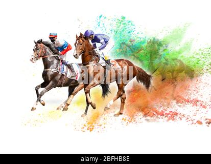 Quatre chevaux de course de cou cou dans une concurrence acharnée pour la ligne d'arrivée. Collage numérique Banque D'Images