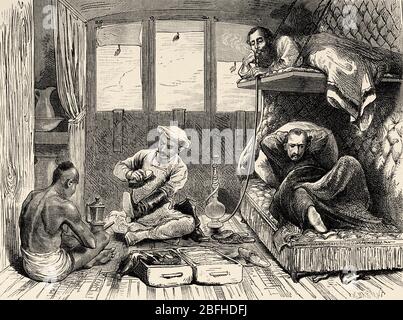 Le voyageur qui voyage sur le train avec son assistant et ses serviteurs. Inde. Ancienne illustration de gravure d'El Mundo en la Mano 1878 Banque D'Images