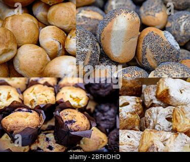 Un collage de différents types de petits pains toastés. Produits à base de pain. Cuisine populaire pour un petit déjeuner rapide avec café. Bannière pour une épicerie. Banque D'Images