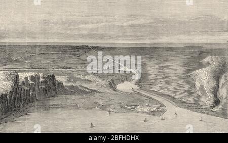 Vue d'ensemble panoramique de l'isthme de Suez, Egypte. Ancienne illustration de gravure Prince de Galles visite Albert Edward de l'Inde. El Mundo en la Mano 1878 Banque D'Images