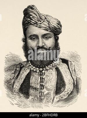 Portrait de Mohubut Khanjee Nawab de Junagarh ou Junagadh, état du Gujarat en Inde. Ancienne illustration de gravure Prince de Galles visite Albert Edward de Banque D'Images