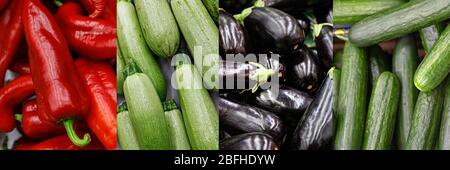 Collage de différents légumes frais remplis de vitamines. Poivrons rouges, courgettes de laitue, aubergine pourpre et concombres vert foncé. Banque D'Images