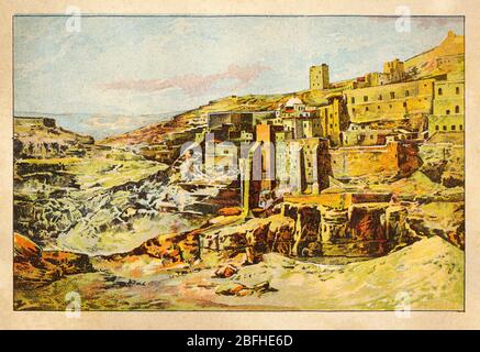 La Grande Lavra de St Sabbas le monastère orthodoxe grec de Saba sanctifié, ou Mar, Kidron Valley dans la nature sauvage de Ziph en Palestine. Israël, vieux Banque D'Images