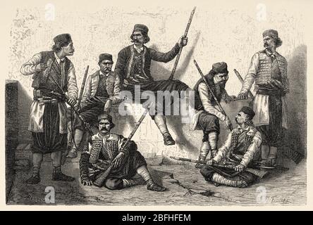 Les Krivoscni, alpinistes de la baie de Kotor (Boka Kotorska), Monténégro. Europe. Ancienne illustration de gravure Voyage à Istrie & Dalmatie 1874 par Charles Banque D'Images