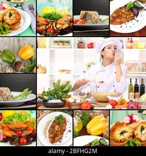 Collage sur le thème culinaire composé de délicieux plats et de cuisiniers Banque D'Images