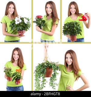 Collage de belle fille avec différentes fleurs en pot Banque D'Images
