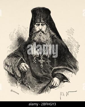 Feofan, Archimandrite du monastère russe orthodoxe Solovetsky. Groupe de l'île Solovetsky, Mer Blanche, Russie. Ancienne illustration de gravure, Voyage à Banque D'Images