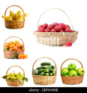 Collage de fruits et légumes dans un panier en osier isolé sur blanc Banque D'Images