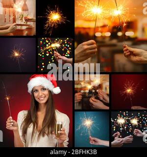 Collage de belle fille et sparkler dans les mains Banque D'Images
