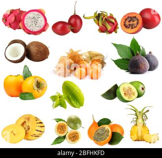 Collage de fruits tropicaux isolés sur blanc Banque D'Images