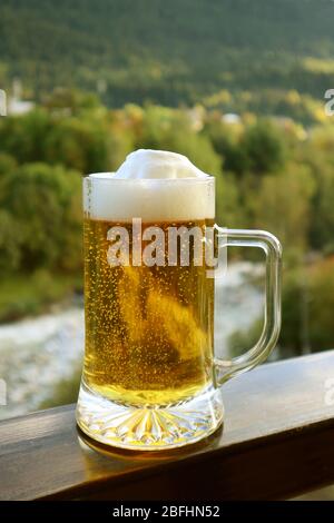 Image verticale d'une pinte de bière pression sur le balcon qui s'est raillée avec vue sur la forêt floue Banque D'Images