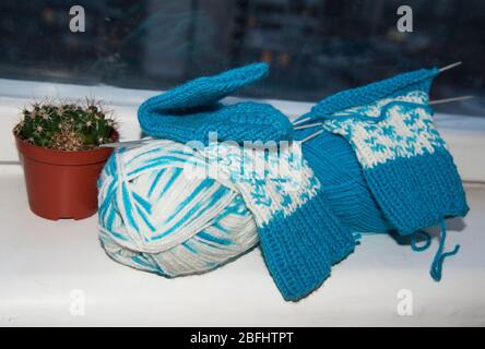 chaussettes tricotées avec aiguilles tricotées et cactus sur le seuil de la fenêtre Banque D'Images