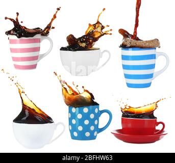 Collage de tasses de café avec des éclaboussures, isolé sur blanc Banque D'Images