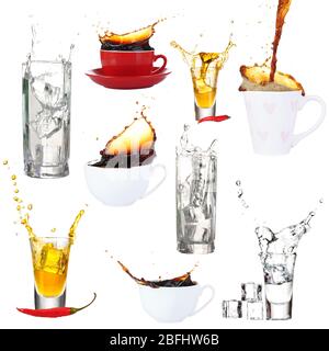 Collage de tasses et de verres avec des éclaboussures, isolé sur blanc Banque D'Images