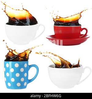 Collage de tasses de café avec des éclaboussures, isolé sur blanc Banque D'Images