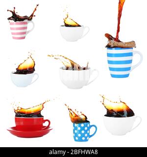 Collage de tasses de café avec des éclaboussures, isolé sur blanc Banque D'Images