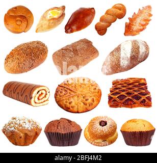 Collage de différentes pâtisseries et produits de boulangerie, isolé sur blanc Banque D'Images