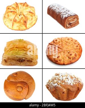 Collage de différentes pâtisseries et produits de boulangerie, isolé sur blanc Banque D'Images