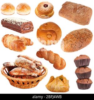 Collage de différentes pâtisseries et produits de boulangerie, isolé sur blanc Banque D'Images