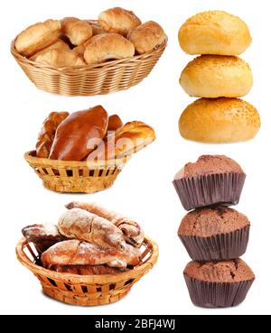 Collage de différentes pâtisseries et produits de boulangerie, isolé sur blanc Banque D'Images