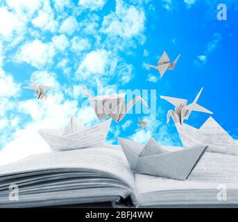 Bateaux et grues Origami sur le livre sur fond de ciel Banque D'Images