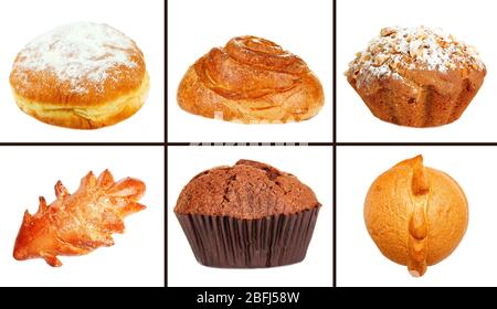 Collage de différentes pâtisseries et produits de boulangerie, isolé sur blanc Banque D'Images